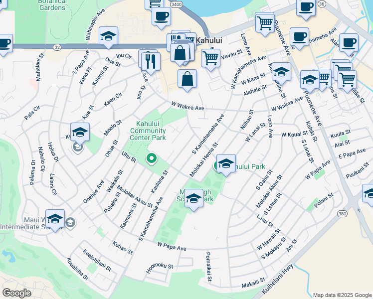 map of restaurants, bars, coffee shops, grocery stores, and more near 439 Kaulana Street in Kahului