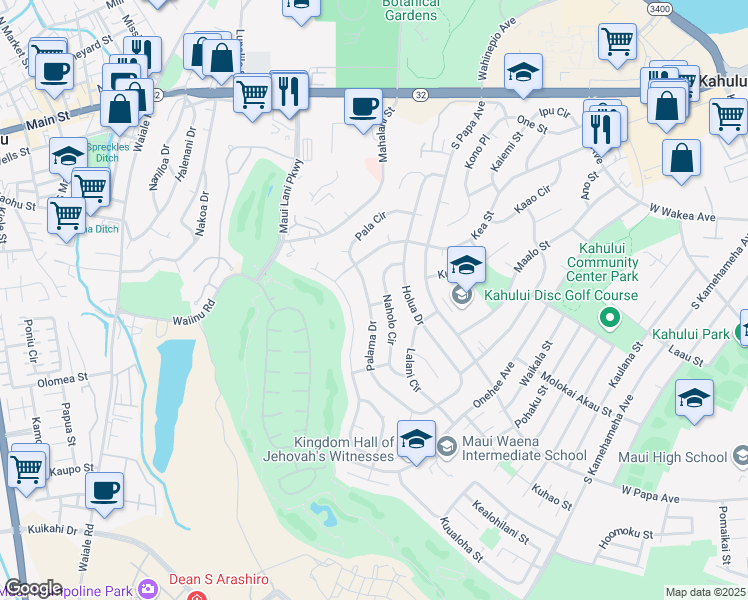 map of restaurants, bars, coffee shops, grocery stores, and more near 340 Naholo Circle in Kahului