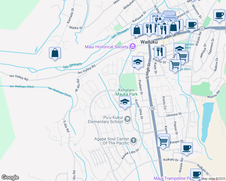 map of restaurants, bars, coffee shops, grocery stores, and more near 208 Kili'o'opu Street in Wailuku