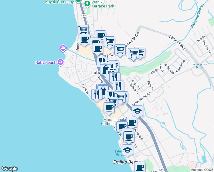 map of restaurants, bars, coffee shops, grocery stores, and more near 175 Baker Street in Lahaina