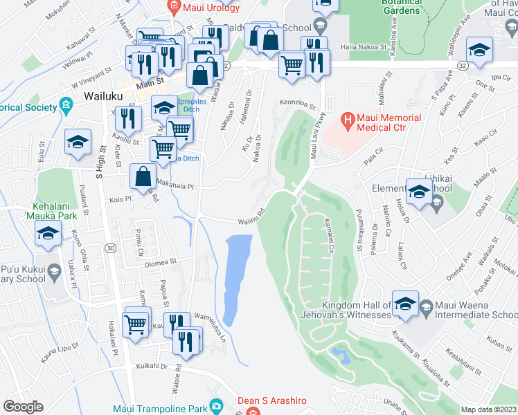 map of restaurants, bars, coffee shops, grocery stores, and more near 23 Onekea Place in Wailuku
