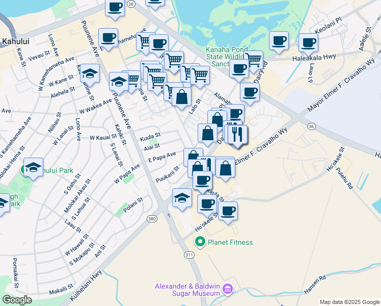 map of restaurants, bars, coffee shops, grocery stores, and more near 136 East Papa Avenue in Kahului