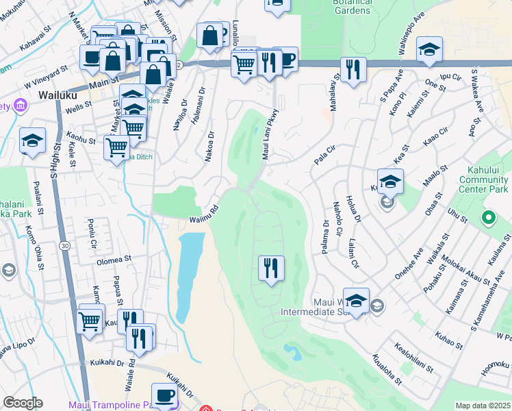 map of restaurants, bars, coffee shops, grocery stores, and more near 3 Puu Aloha Place in Kahului