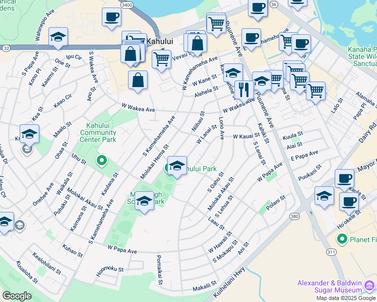 map of restaurants, bars, coffee shops, grocery stores, and more near 276 West Lanai Street in Kahului