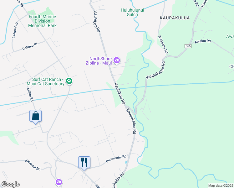 map of restaurants, bars, coffee shops, grocery stores, and more near Kauhikoa Road in Haiku-Pauwela