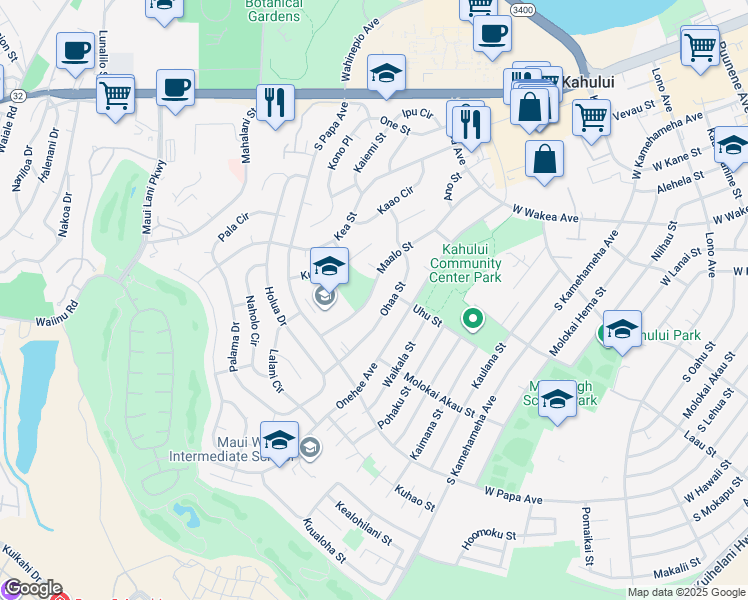 map of restaurants, bars, coffee shops, grocery stores, and more near 589 Maalo Street in Kahului