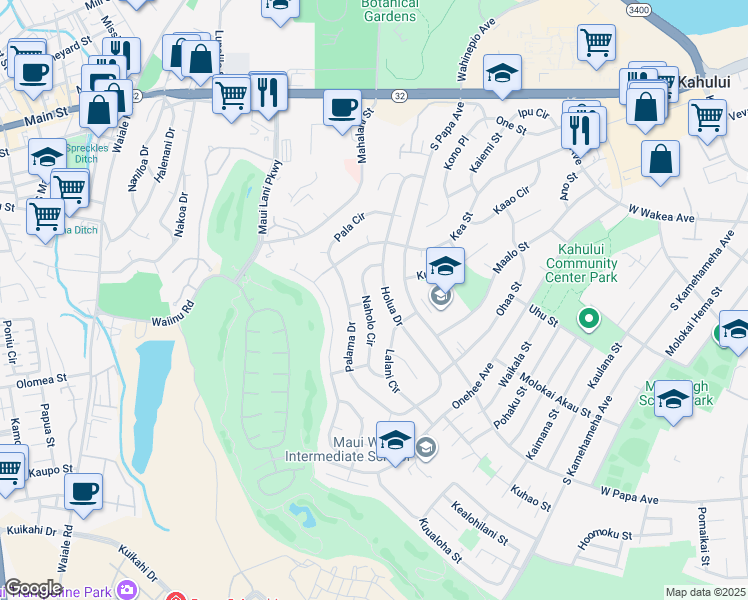 map of restaurants, bars, coffee shops, grocery stores, and more near 319 Naholo Circle in Kahului
