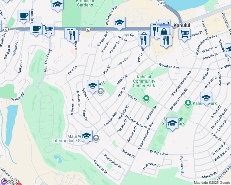 map of restaurants, bars, coffee shops, grocery stores, and more near 589 Maalo Street in Kahului