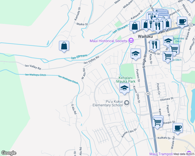 map of restaurants, bars, coffee shops, grocery stores, and more near 102 Naulu Street in Wailuku