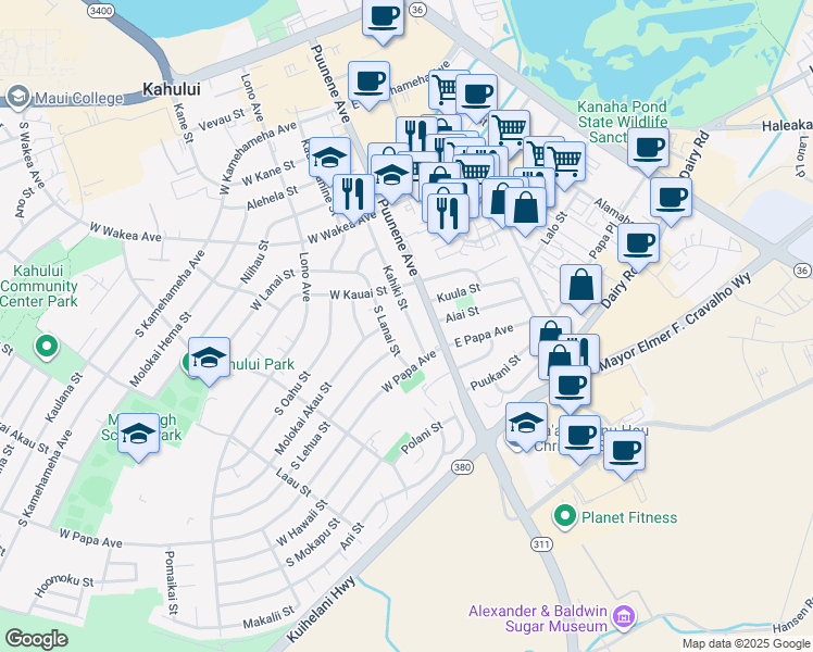 map of restaurants, bars, coffee shops, grocery stores, and more near 410 Kahiki Street in Kahului