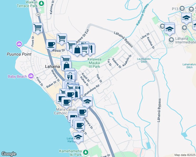 map of restaurants, bars, coffee shops, grocery stores, and more near 433 Lahainaluna Road in Lahaina