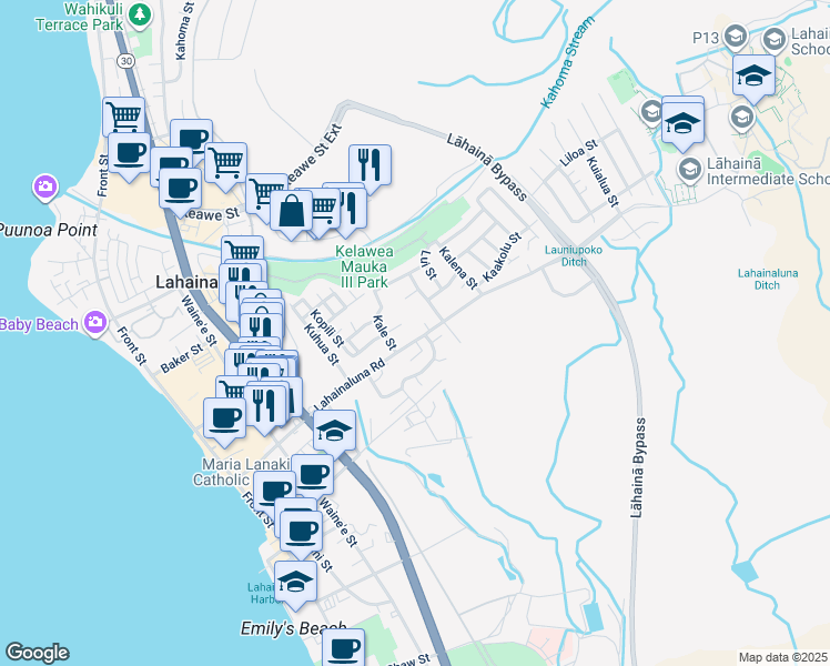 map of restaurants, bars, coffee shops, grocery stores, and more near 457 Lahainaluna Road in Lahaina