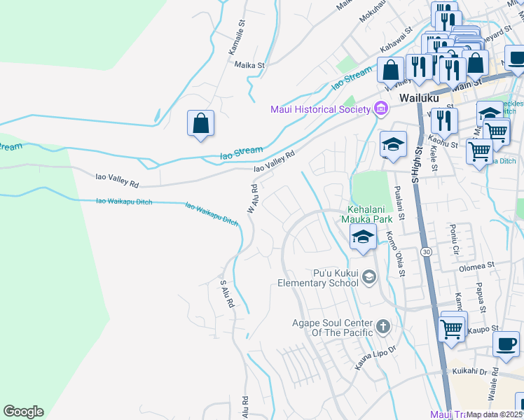 map of restaurants, bars, coffee shops, grocery stores, and more near 220 Kili'o'opu Street in Wailuku