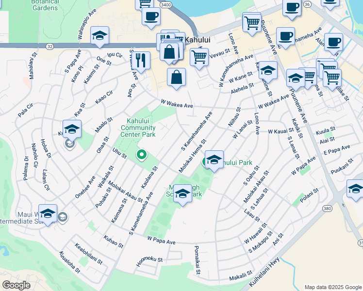 map of restaurants, bars, coffee shops, grocery stores, and more near 428 South Kamehameha Avenue in Kahului