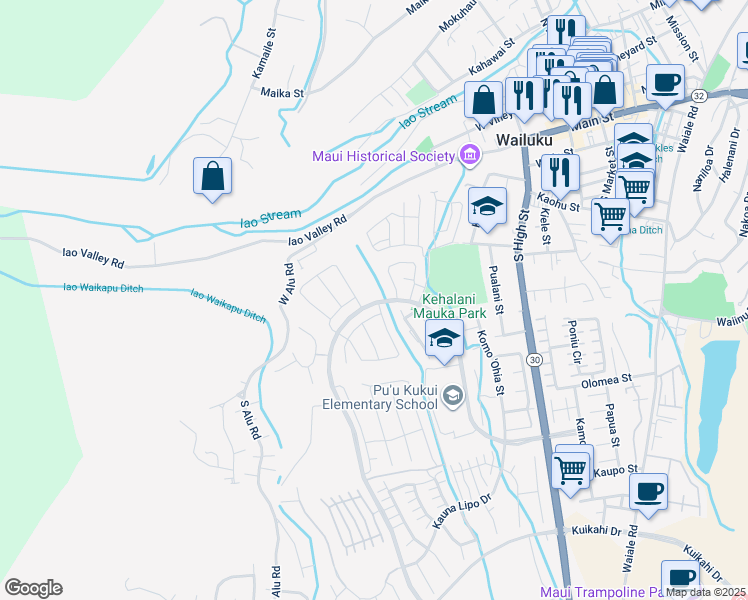 map of restaurants, bars, coffee shops, grocery stores, and more near 119 Kili'o'opu Street in Wailuku