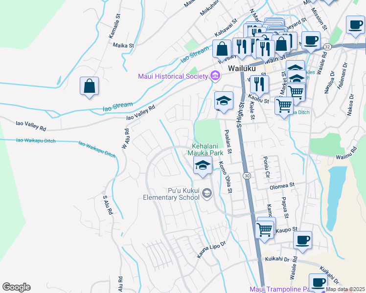 map of restaurants, bars, coffee shops, grocery stores, and more near 128 Naulu Street in Wailuku