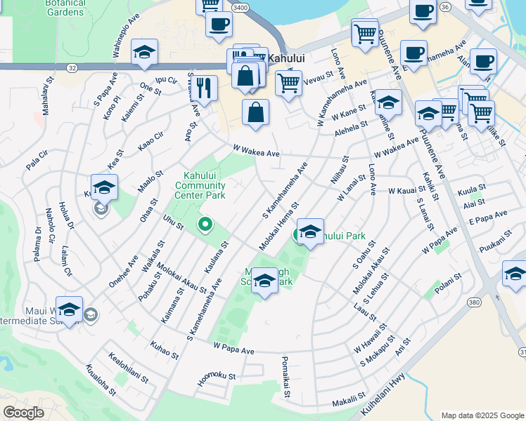 map of restaurants, bars, coffee shops, grocery stores, and more near 428 South Kamehameha Avenue in Kahului