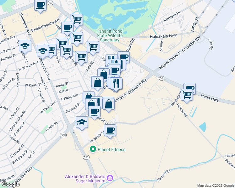 map of restaurants, bars, coffee shops, grocery stores, and more near 270 Dairy Road in Kahului