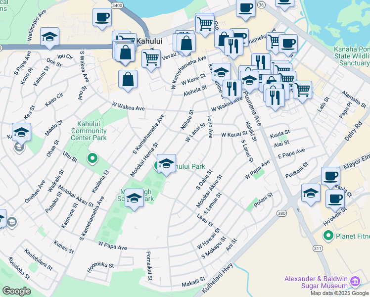map of restaurants, bars, coffee shops, grocery stores, and more near 257 West Lanai Street in Kahului