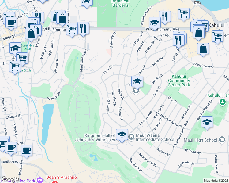 map of restaurants, bars, coffee shops, grocery stores, and more near 319 Naholo Circle in Kahului