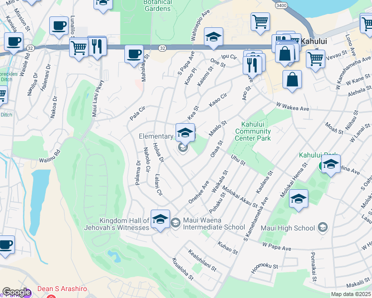 map of restaurants, bars, coffee shops, grocery stores, and more near 335 South Papa Avenue in Kahului