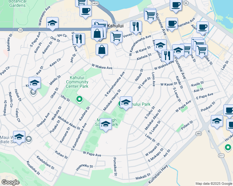map of restaurants, bars, coffee shops, grocery stores, and more near 370 Molokai Hema Street in Kahului