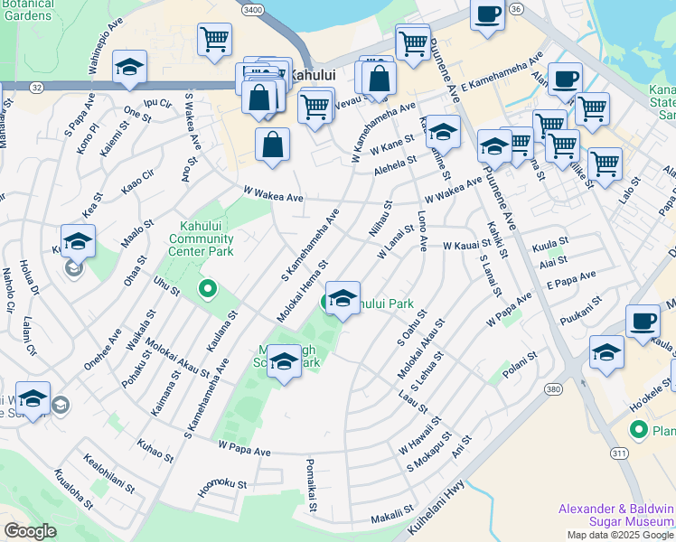 map of restaurants, bars, coffee shops, grocery stores, and more near 296 West Lanai Street in Kahului