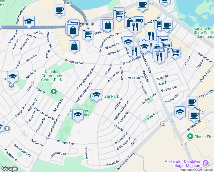 map of restaurants, bars, coffee shops, grocery stores, and more near 257 West Lanai Street in Kahului