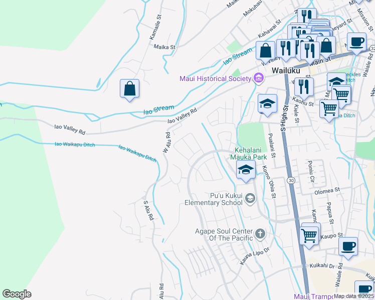 map of restaurants, bars, coffee shops, grocery stores, and more near 115 Naulu Street in Wailuku