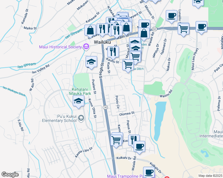 map of restaurants, bars, coffee shops, grocery stores, and more near 491 Kilika Place in Wailuku