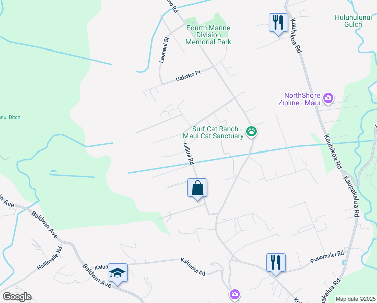map of restaurants, bars, coffee shops, grocery stores, and more near Lilikoi Road in Haiku-Pauwela