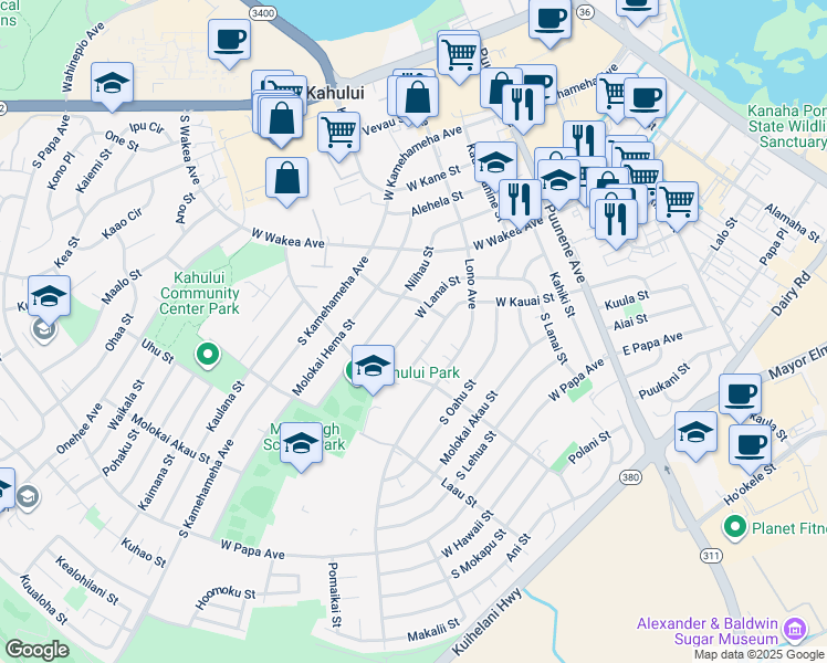 map of restaurants, bars, coffee shops, grocery stores, and more near 257 West Lanai Street in Kahului
