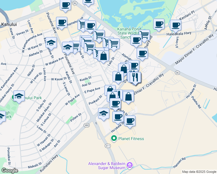 map of restaurants, bars, coffee shops, grocery stores, and more near 136 East Papa Avenue in Kahului