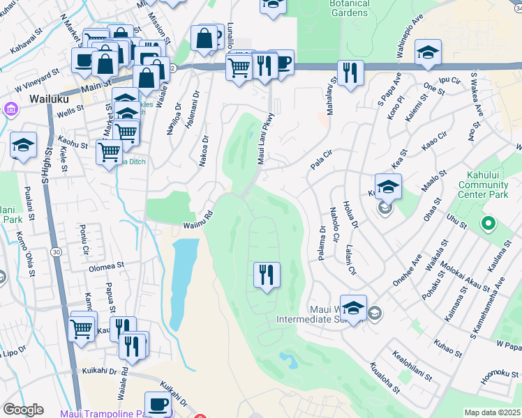 map of restaurants, bars, coffee shops, grocery stores, and more near 10 Puu Aloha Place in Kahului