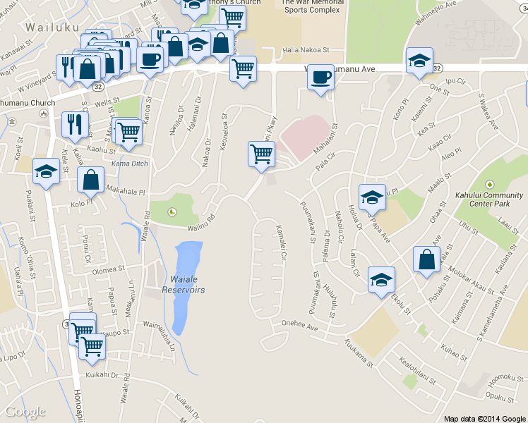 map of restaurants, bars, coffee shops, grocery stores, and more near 10 Puu Aloha Place in Kahului