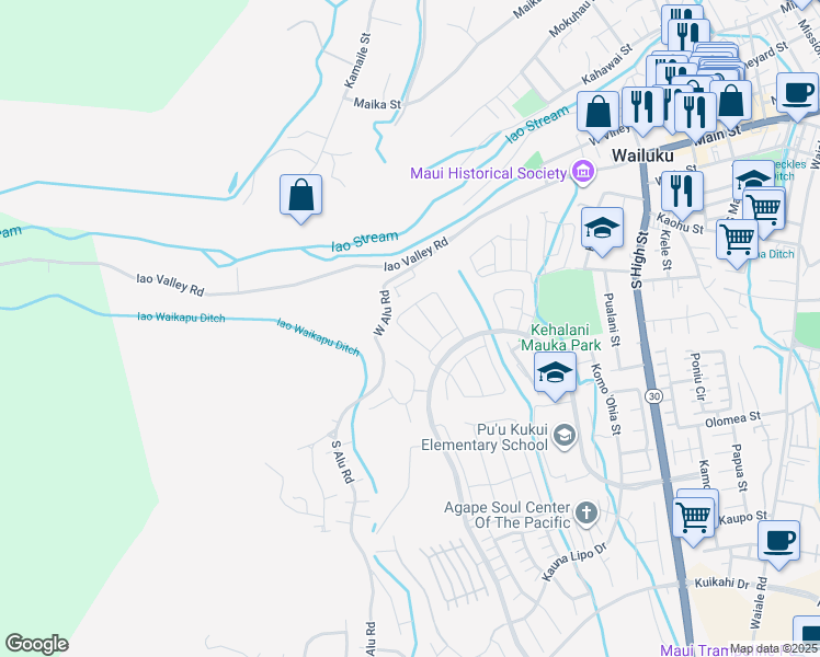 map of restaurants, bars, coffee shops, grocery stores, and more near 229 Kili'o'opu Street in Wailuku