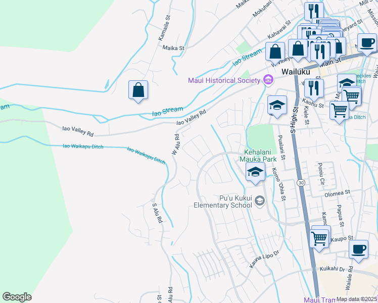 map of restaurants, bars, coffee shops, grocery stores, and more near 229 Kili'o'opu Street in Wailuku