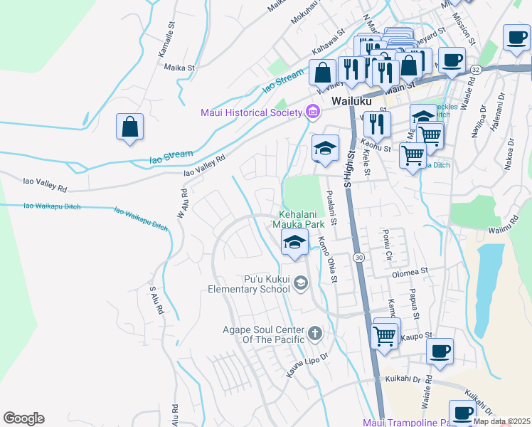 map of restaurants, bars, coffee shops, grocery stores, and more near 118 Naulu Street in Wailuku
