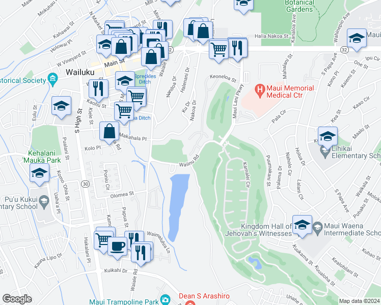 map of restaurants, bars, coffee shops, grocery stores, and more near 24 Onekea Place in Wailuku