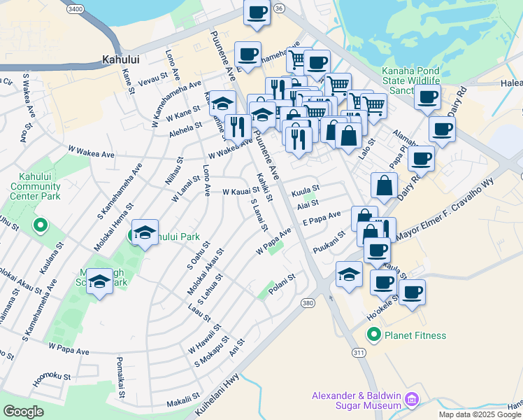 map of restaurants, bars, coffee shops, grocery stores, and more near 397 South Lanai Street in Kahului