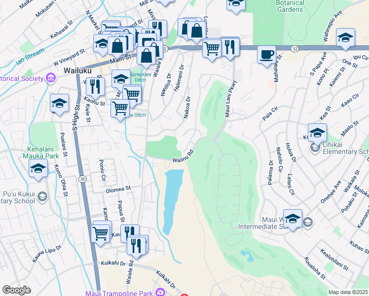 map of restaurants, bars, coffee shops, grocery stores, and more near 24 Onekea Place in Wailuku