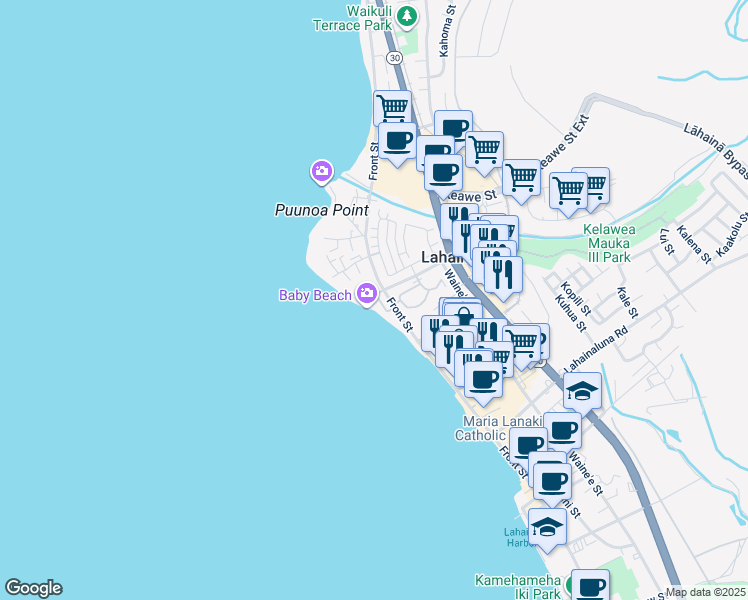 map of restaurants, bars, coffee shops, grocery stores, and more near 21 Kai Pali Place in Lahaina