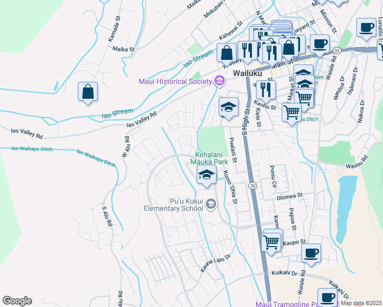 map of restaurants, bars, coffee shops, grocery stores, and more near 426 Puaehu Street in Wailuku