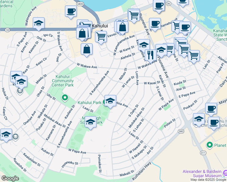 map of restaurants, bars, coffee shops, grocery stores, and more near 295 Niihau Street in Kahului