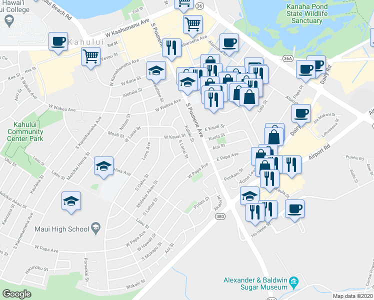 map of restaurants, bars, coffee shops, grocery stores, and more near 397 South Lanai Street in Kahului