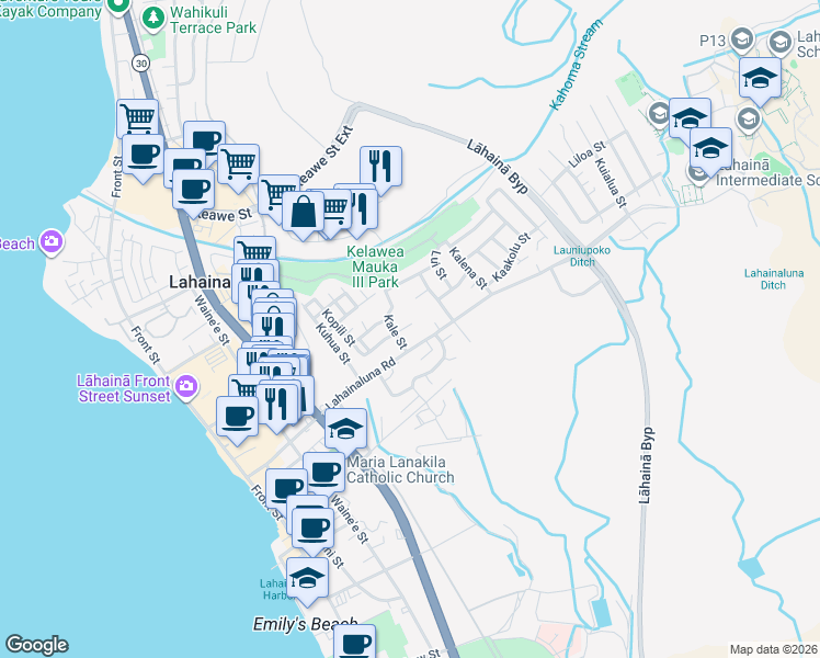 map of restaurants, bars, coffee shops, grocery stores, and more near 440 Hauola Place in Lahaina