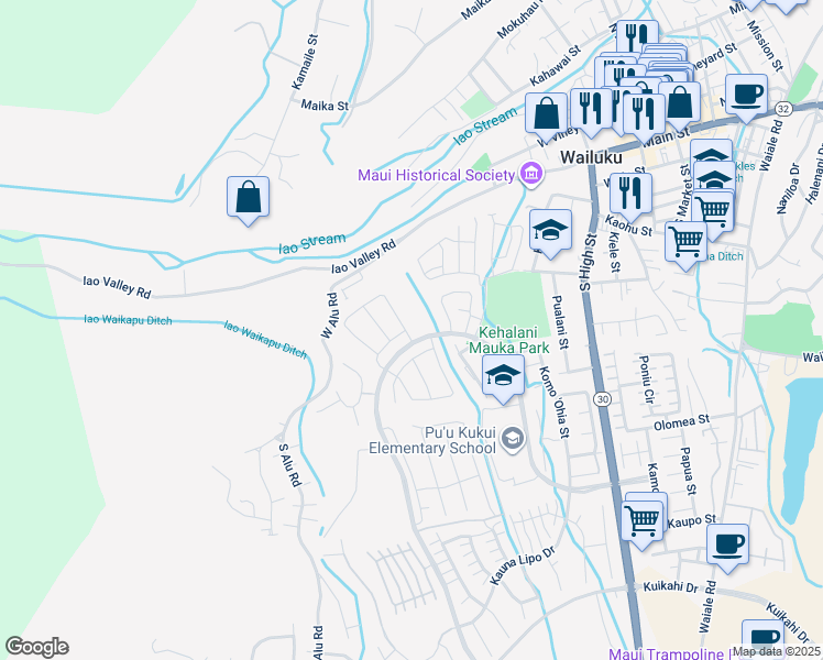 map of restaurants, bars, coffee shops, grocery stores, and more near 104 Kili'o'opu Street in Wailuku