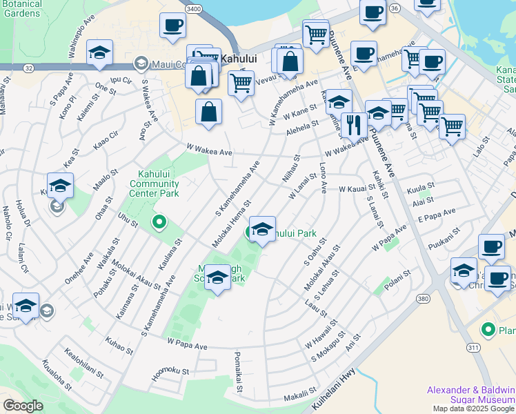 map of restaurants, bars, coffee shops, grocery stores, and more near 314 Niihau Street in Kahului