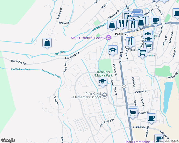 map of restaurants, bars, coffee shops, grocery stores, and more near 147 Kili'o'opu Street in Wailuku
