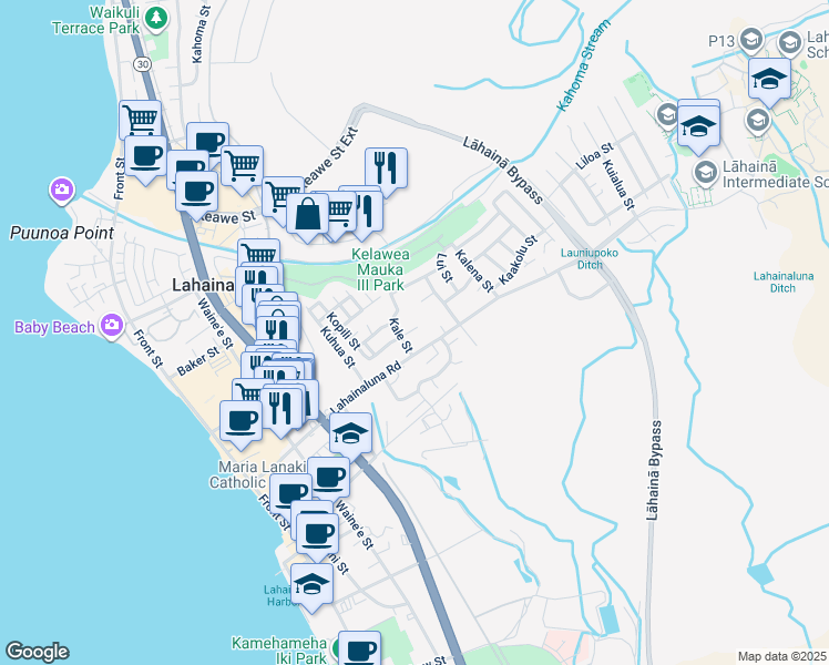 map of restaurants, bars, coffee shops, grocery stores, and more near 440 Hauola Place in Lahaina